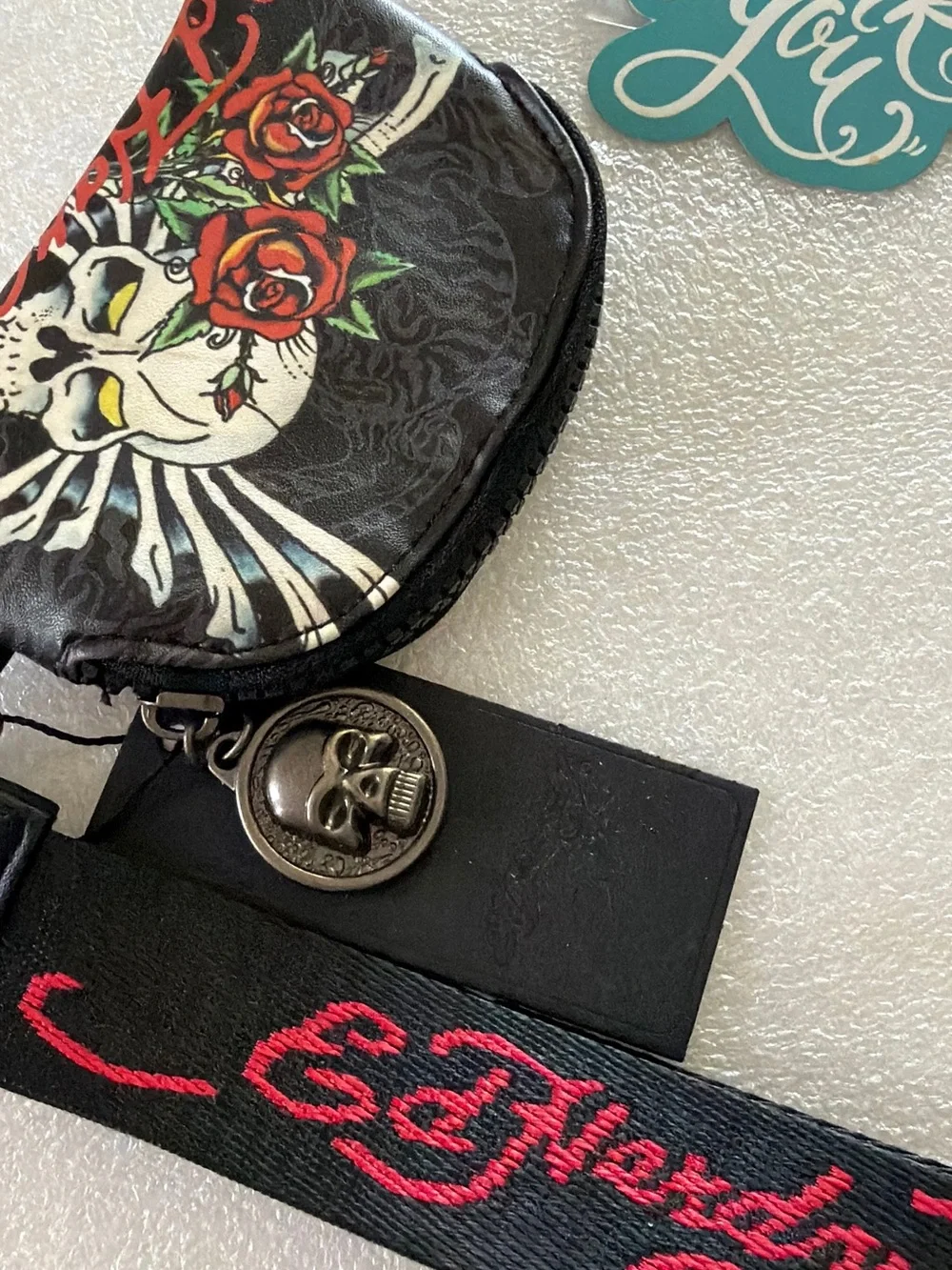 Ed Hardy Black Coin Pouch with Skull, Red Roses & Pink Logo Wristlet